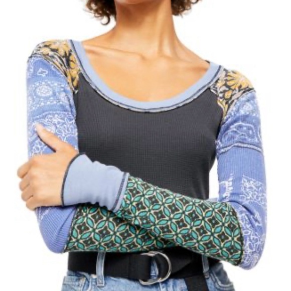 We The Free Tops - We The Free People Thermal Tee Top Women’s Large Bright Side Mixed Print Boho